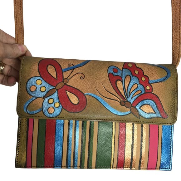 Anuschka NEVER USED Handpainted Leather Cross Body Butterfly Stripes - Picture 2 of 14